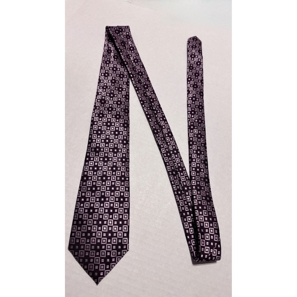 Berlioni Italy Purple Silver Geometric Square Pattern Silk Blend Necktie Tie